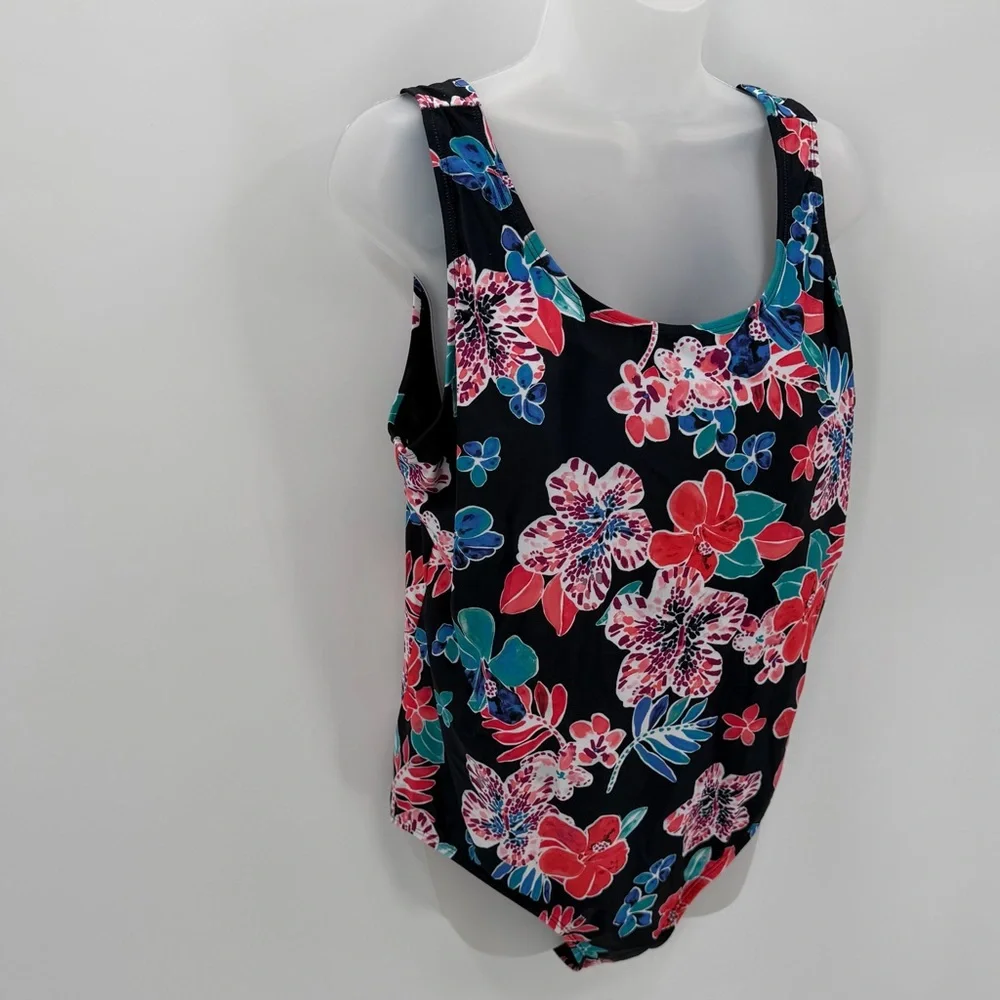 BLAIR Swimsuit Womens 18W Black Floral One Piece Scoopneck Bathing Suit